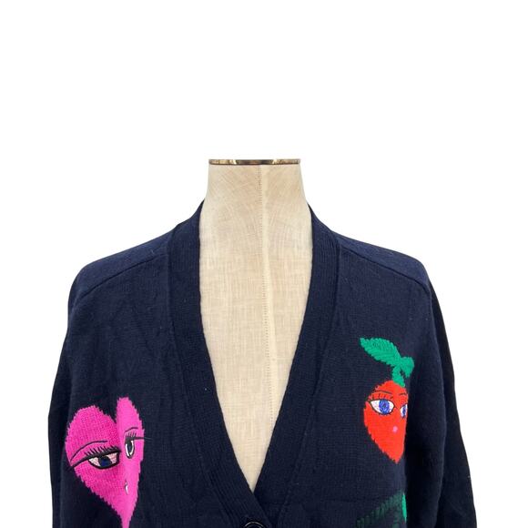 Maison Common Cardigan Sweater Fruit Print Navy Blue Merino Cashmere Size Medium - Picture 2 of 14